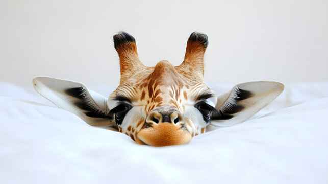 A whimsical close-up of a young giraffe's face resting on a soft white surface.