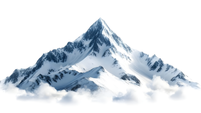 A majestic snowy mountain peak rising above fluffy clouds, showcasing natural beauty and serenity in a breathtaking alpine landscape.