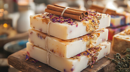 Aesthetic stack of natural soaps adorned with dried flowers and cinnamon sticks, evoking warmth and tranquility.