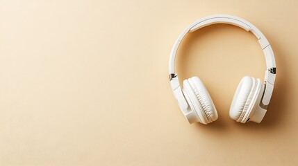 White headphones on beige background for podcast use