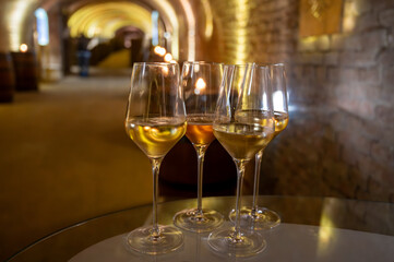 Visit of wine cellar, tasting of brut champagne sparkling wine produced by traditional method in underground caves close up
