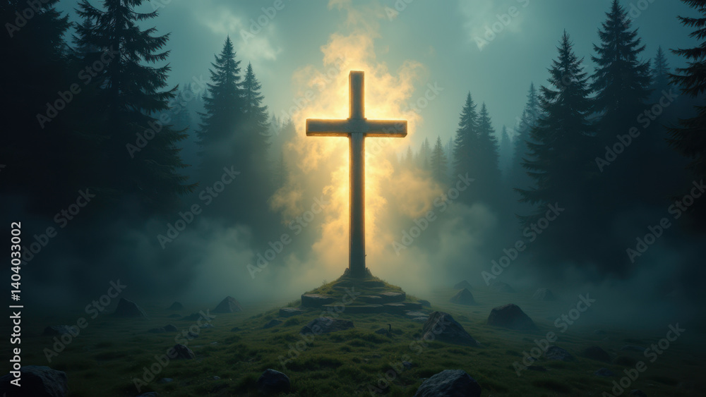 Poster a dramatic scene featuring a glowing cross surrounded by misty fog with a forest backdrop under a da