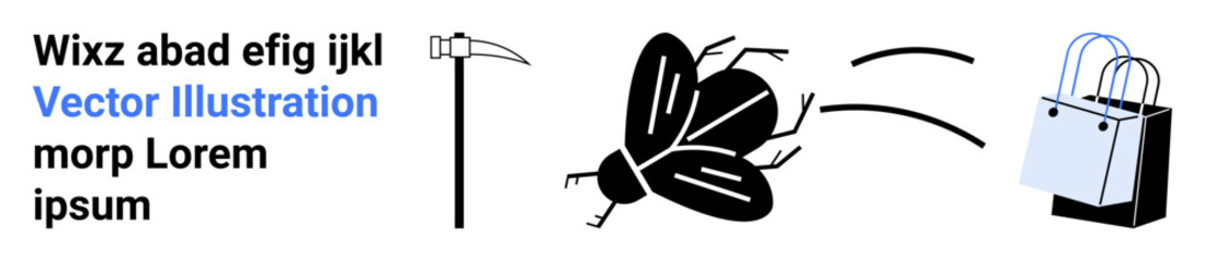 Fly fleeing a swinging scythe blade heading toward a shopping bag. Ideal for ideas of danger, escape, survival, strategy, consumer culture, humor, warning. Compact flat landing page banner