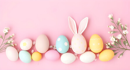 Easter eggs in pastel shades and bunny ears arranged on pink background