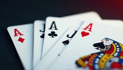 Playing cards arranged in ace sequence, close-up view , casino, image
