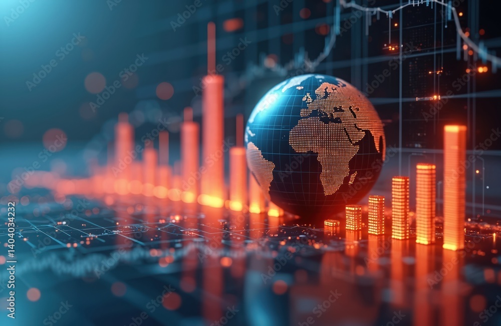 Poster interactive graph histogram with globe. concept of macroeconomics international economics. global bu