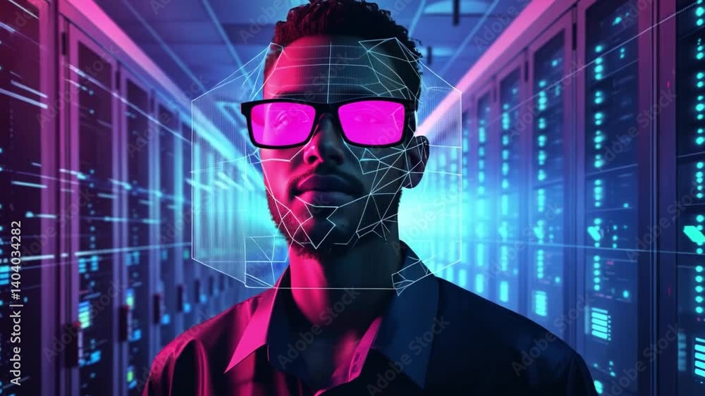 Aufkleber An individual appears deep in thought within a data center, surrounded by glowing screens and illuminated server racks, indicating a blend of technology and creativity.