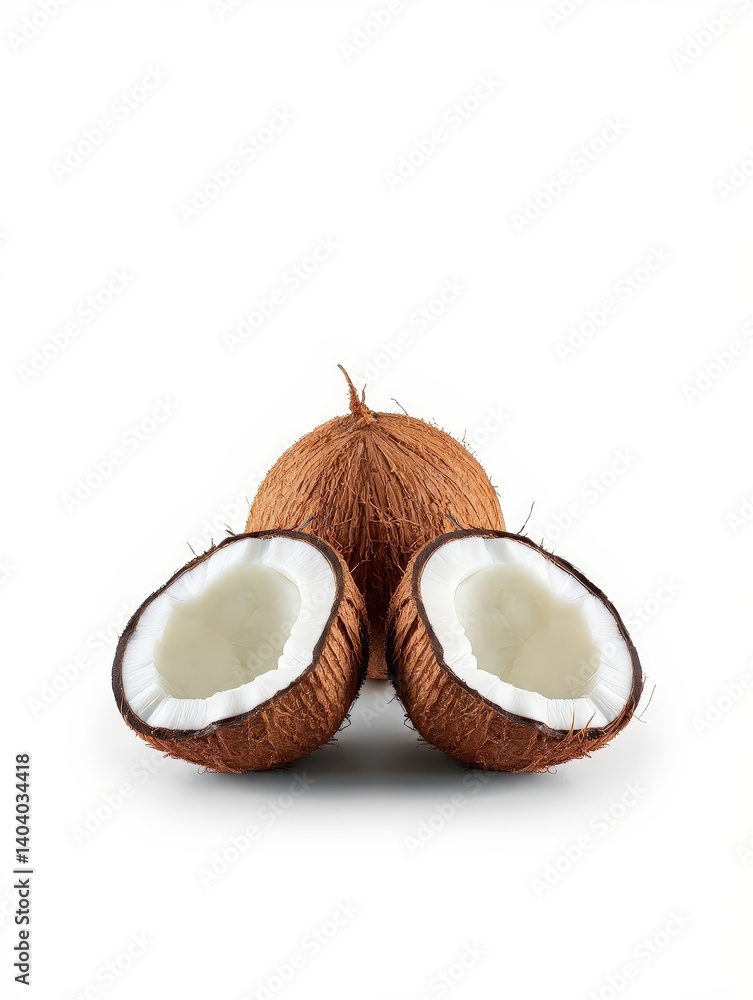 Poster two coconuts with their shells removed, showing the white flesh inside.