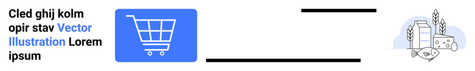 Blue shopping cart icon and groceries including milk, cheese, and wheat illustrate e-commerce, retail, online shopping, grocery apps, food delivery, retail advertising, simple landing page