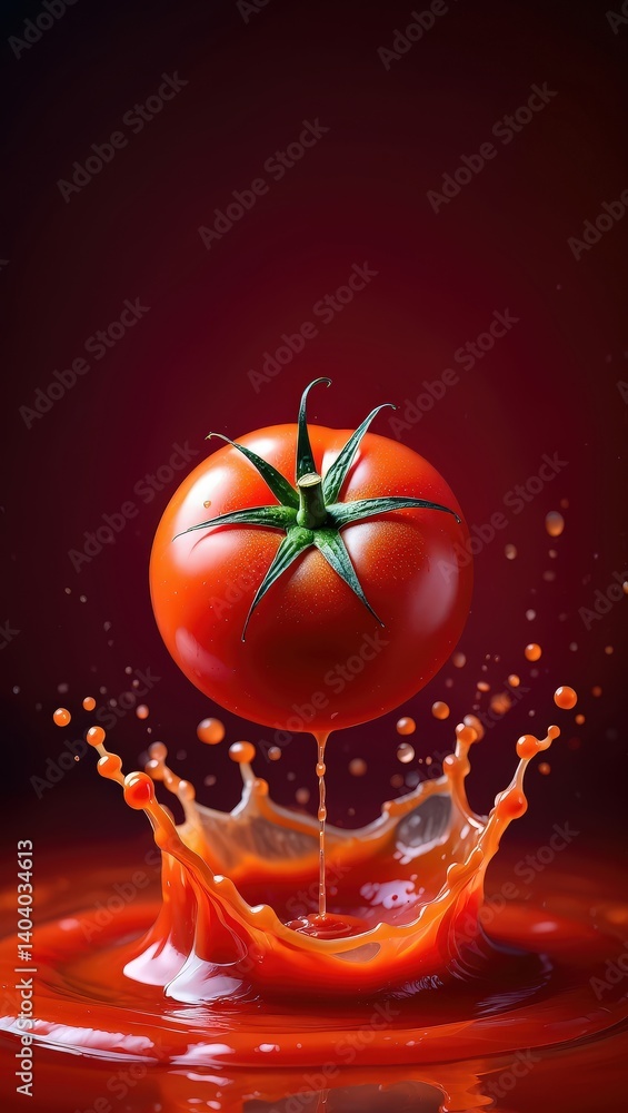 Poster A single tomato is bursting open in the center of the image, surrounded by red ketchup splattering outward.