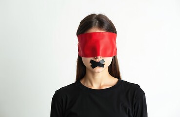 Portrait of young woman with red blindfold covering eyes. Black tape covers mouth, silence. Concept of censorship, restricted speech, covered truth. Symbol of oppression, violation, lack freedom