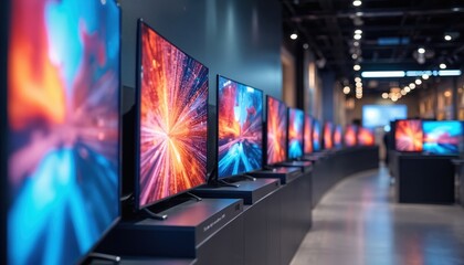 Modern TV sets on display in electronics store. Newest flat-screen TVs with vibrant colorful screens are for sale. Retail business with smart home appliances. Tech shop products for customers.