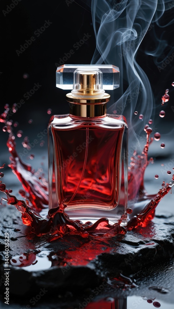 Poster A perfume bottle is being splashed by red liquid, creating droplets around it.