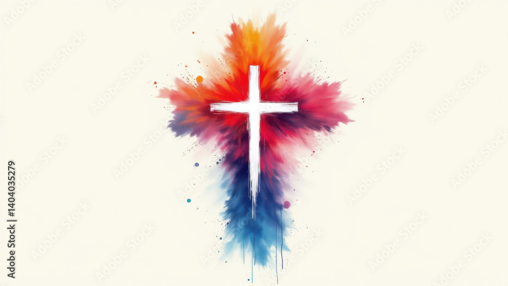 Poster a vibrant splash of color creating a cross-like shape against a light gray background, symbolizing c