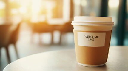 Disposable coffee cup with welcome back message sitting on a table in a cozy office setting, celebrating the return of employees