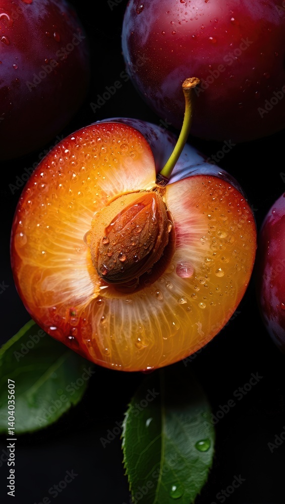 Poster a close-up image of a single peach with its skin glistening from moisture, set against a dark backgr
