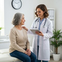 Smiling healthcare worker with tablet supporting patient in hospital