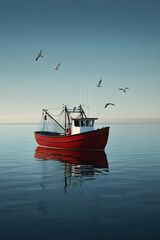 Serenity at Sea: A Fishing Boat Gently Riding the Waves under a Clear Blue Sky