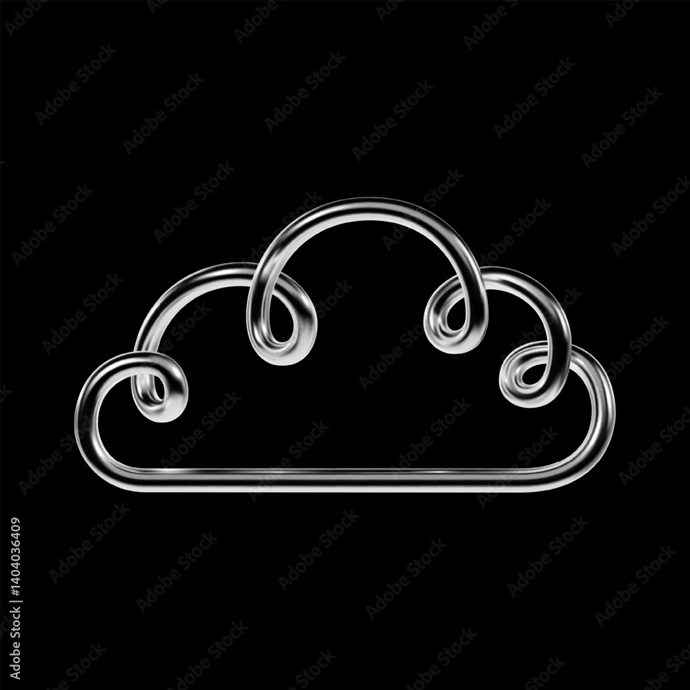 Poster 3d chrome abstract cloud shape with spiral fluid lines. metallic silver isolated element in y2k futu