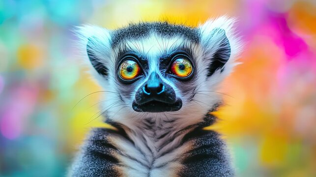 Ring tailed lemur portrait close up with colorful background perfect for animal lovers and wildlife fans