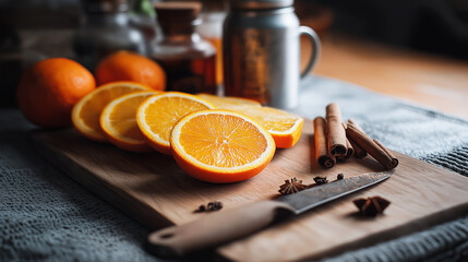 Freshly cut oranges and cinnamon sticks arranged on a wooden cutting board, alongside star anise and a knife, ready for mulled wine preparation