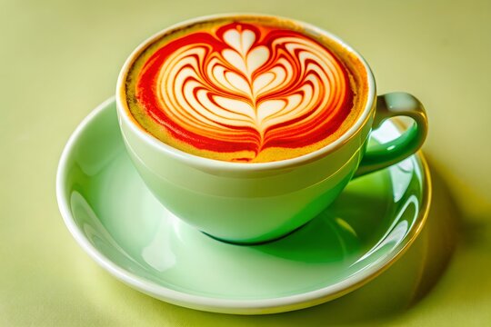 Green cup of latte art coffee beautiful design - Powered by Adobe