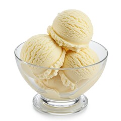 Glass dessert bowl with three scoops of smooth vanilla ice cream slightly melting on pure white background
