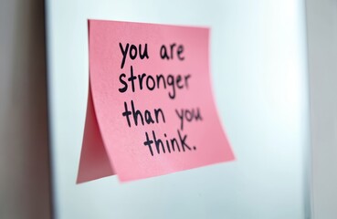 Pink sticky note handwriting text you are stronger than you think. Inspirational motivational quote, words on mirror. Self-love encouragement for positive thinking, personal growth, mental health.