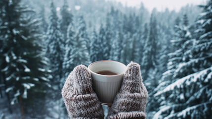 Woman wearing gloves holding a hot beverage in front of a snowy forest landscape, enjoying a cozy winter holiday feeling