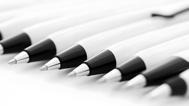 White pens, close-up, office desk, background blur