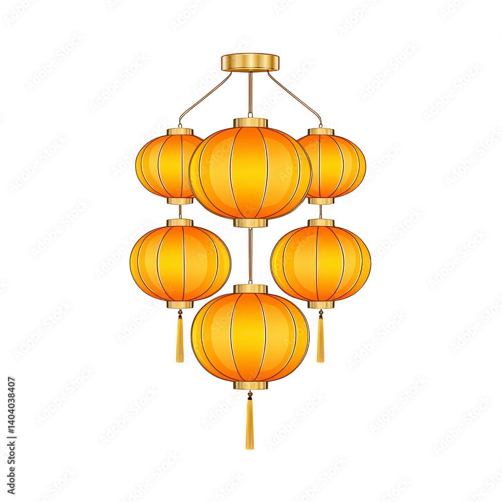 Poster cluster of six vibrant orange lanterns hangs elegantly, each with golden frame and tassels, creating