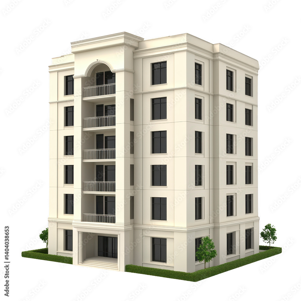 Poster modern, beige apartment building with multiple floors and balconies, surrounded by small green shrub