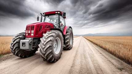 Obraz premium Red tractor on dirt road in rural landscape with dramatic clouds above agricultural field concept