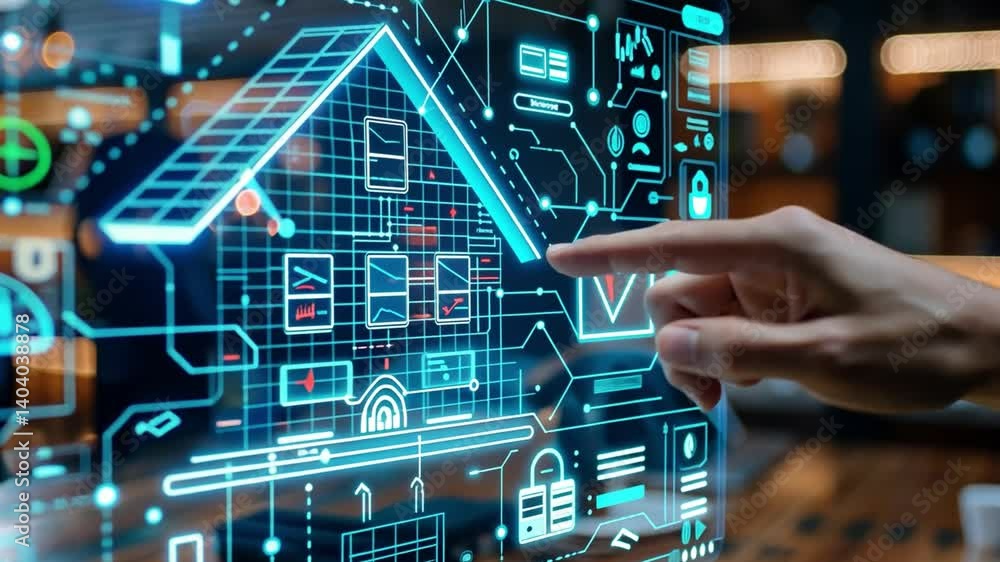 Poster A person interacts with a digital display showcasing smart home technology. The workspace is modern, well-lit, and features various tech elements that enhance connectivity.