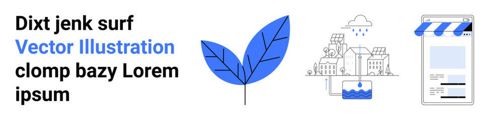 Blue leaf, minimalist cityscape with rain, and mobile storefront. Ideal for environment, urban design, technology, e-commerce, sustainability, innovation simple landing page