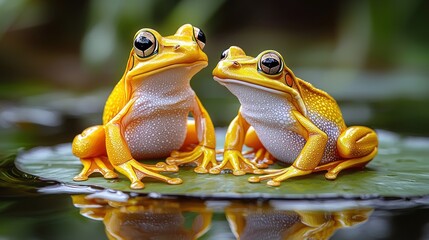 Golden Frogs on Lily Pad: A Stunning Reflection