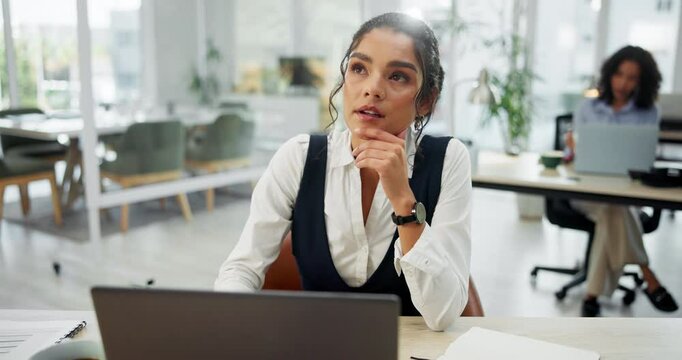 Thinking, business woman and laptop in office reading message for social media or online communication. Idea, female person and tech in workplace for networking, brainstorming or web conversation