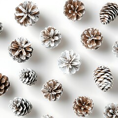 Fototapeta premium Snow-Dusted Pine Cones on White Background for Seasonal Decor