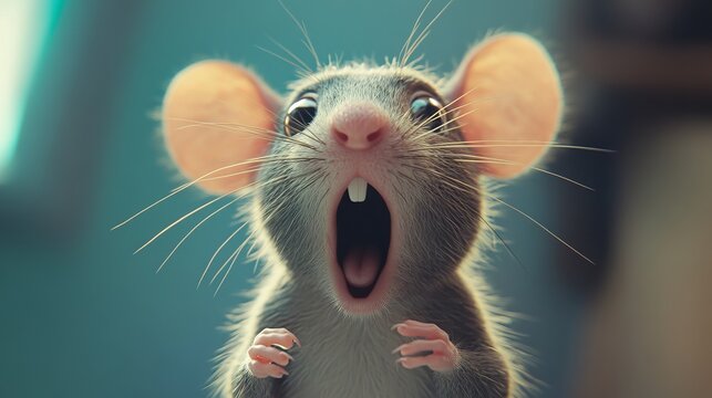 Closeup of surprised mouse with open mouth funny rodent animal pet cute small whiskers ears face portrait