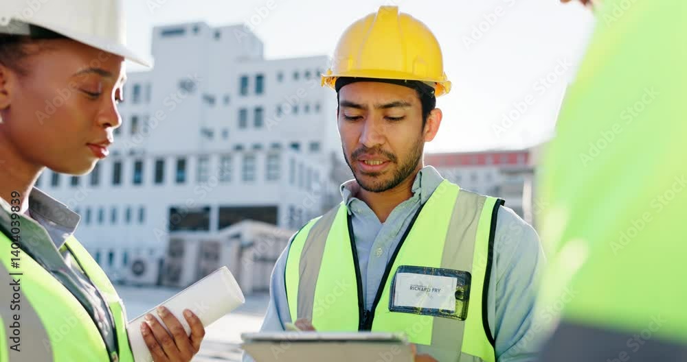 Leinwandbilder engineering, tablet and teamwork with group of people in city for project management, digital bluepr