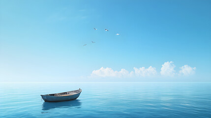 Serenity at Sea: A Fishing Boat Gently Riding the Waves under a Clear Blue Sky