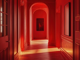 A monochrome hallway bathed in red, showcasing architectural details and linear light patterns, creating a dramatic and immersive experience.