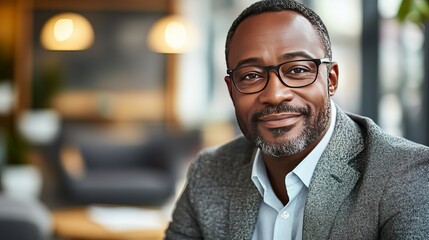 Fototapeta premium Confident Mature African American Businessman Portrait Professional Stylish Gray Jacket Office Background male wear beard model 