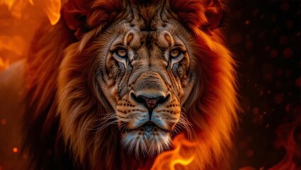 Fototapeta premium Fiery Lion Portrait, Majestic Mane in Flames