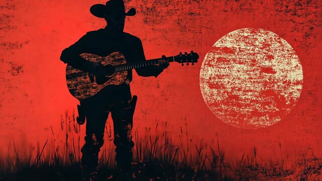 Guitarist Playing Rock Music in Cartoon Style with Cowboy Hat and Farm Background