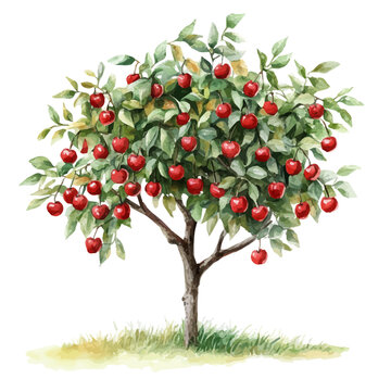 watercolor cherry tree with red fruit clip art preview