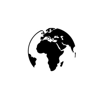 simple black and white illustration of globe showing Africa, Europe, and parts of Asia, with minimalist design. globe is centered and isolated on transparency background