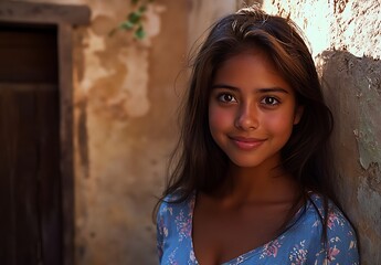 Fototapeta premium Smiling Young Girl with Long Hair Posing Against Rustic Wall