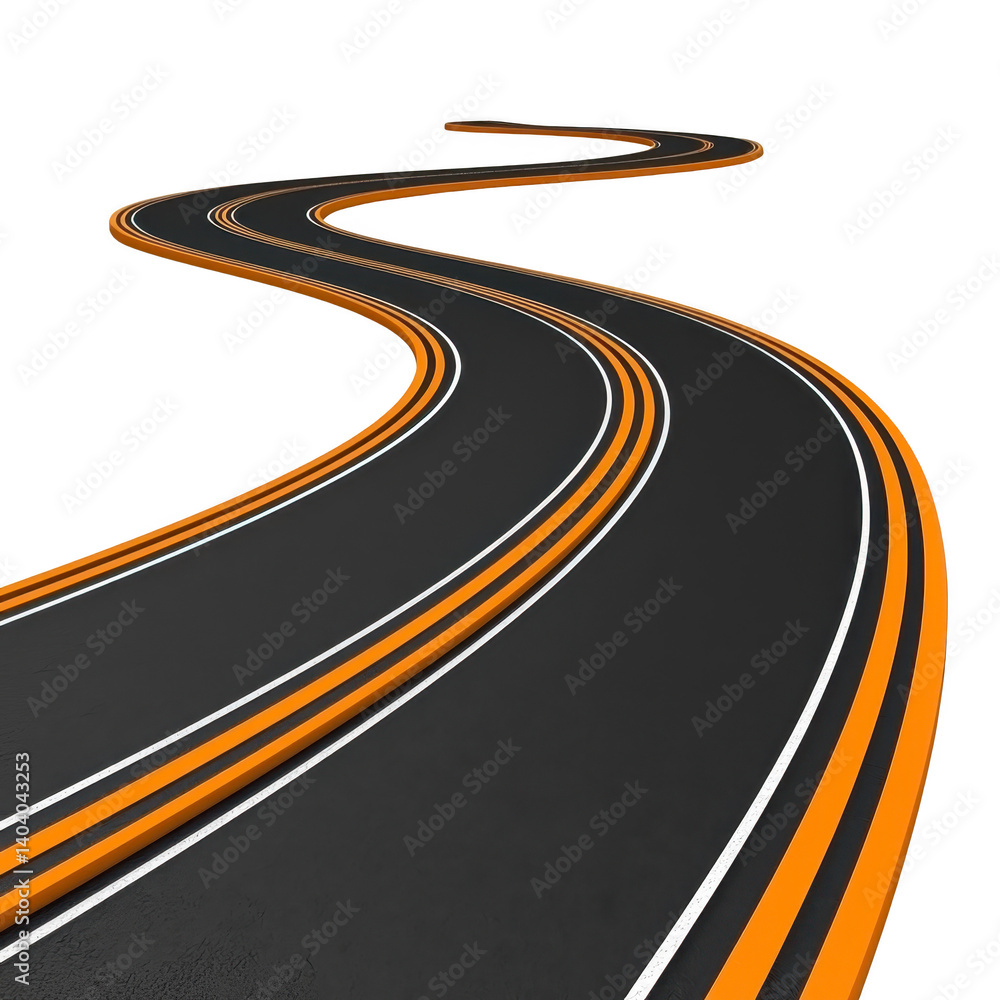 Poster winding road with bright orange and white lines curves against transparency background, creating dyn