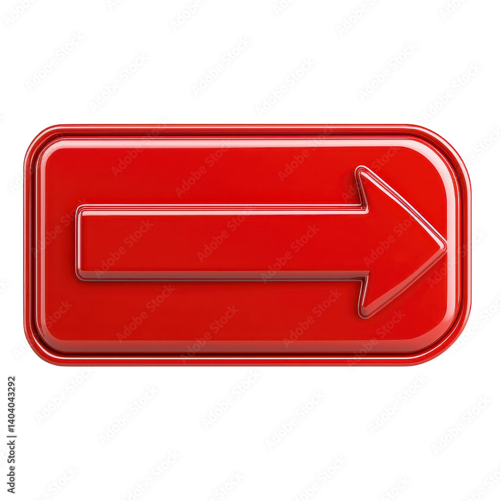Poster shiny red 3d arrow icon pointing to right, with glossy finish and rounded edges, symbolizing directi